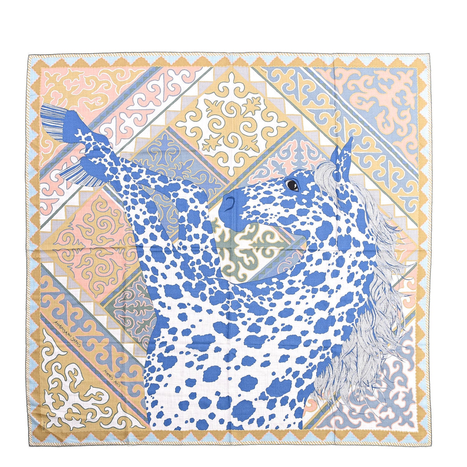 Hermes Cashmere Silk Appaloosa Des Steppes Shawl 140 Gris Chine Bleu Rosi 1 of 7