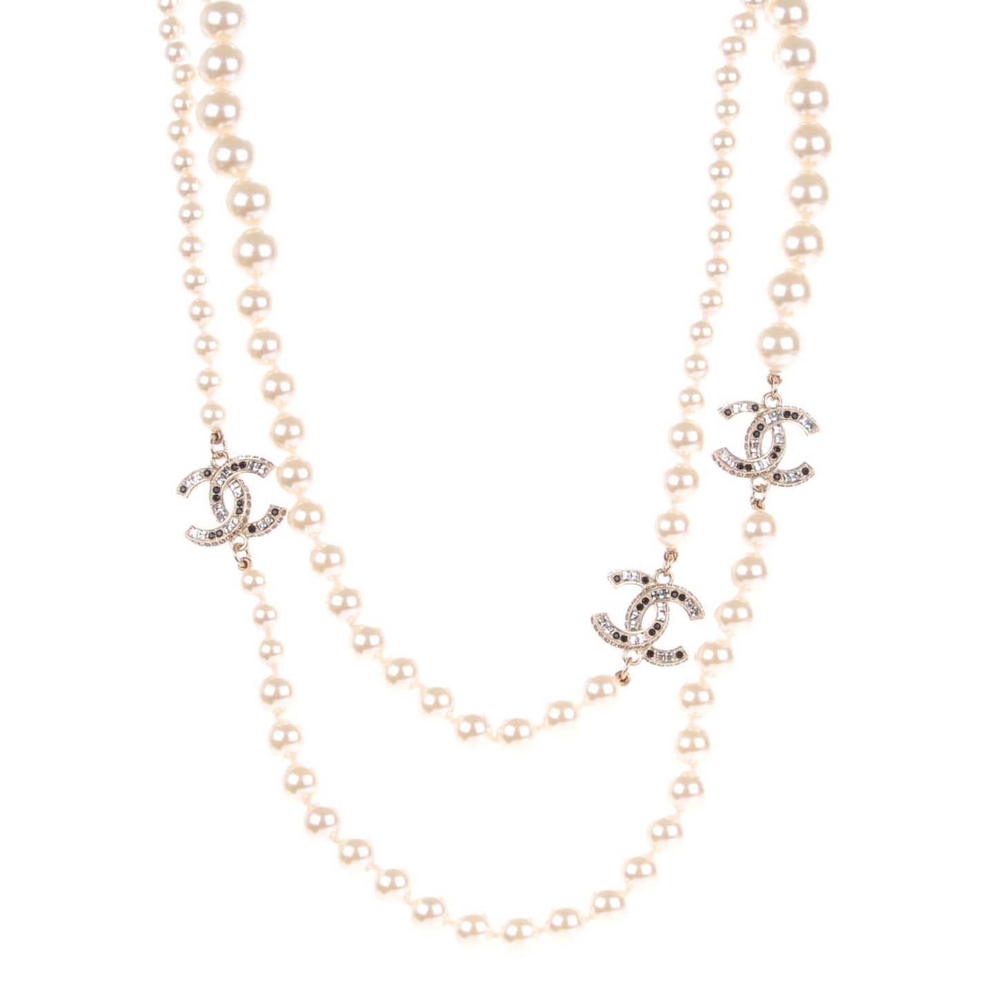 Graduated Pearl Crystal CC Long Necklace Gold Black