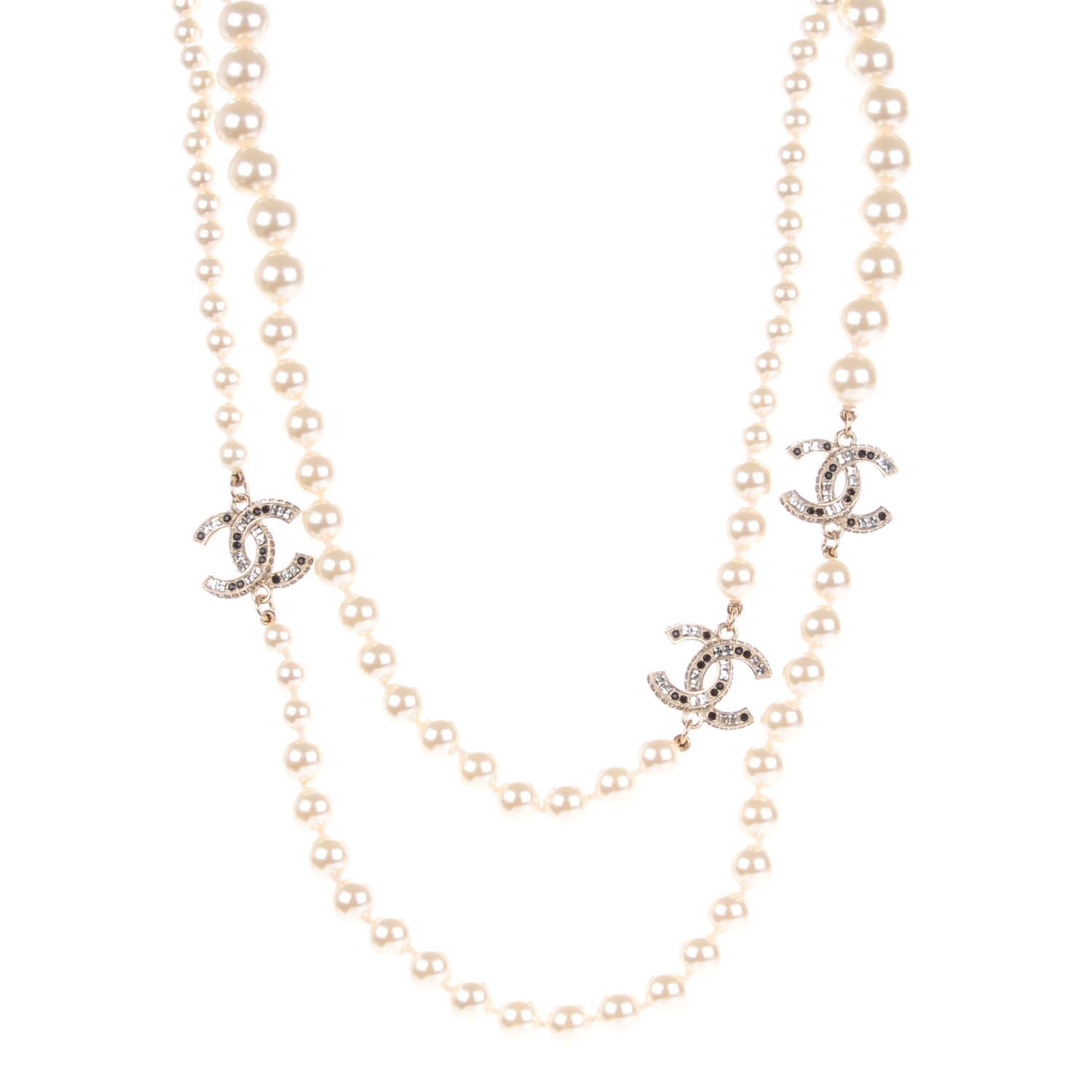 Chanel Graduated Pearl Crystal CC Long Necklace Gold Black 1 of 6
