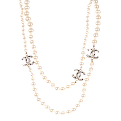 Chanel Graduated Pearl Crystal CC Long Necklace Gold Black 1 of 6