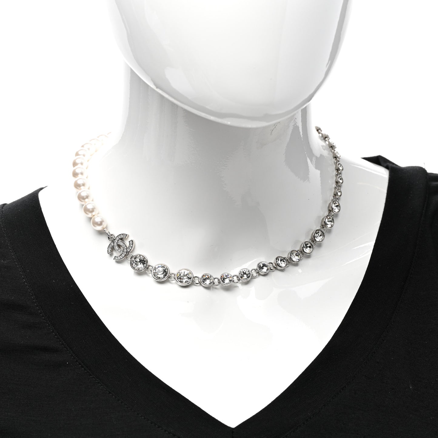 Pearl Crystal CC Choker Necklace Silver