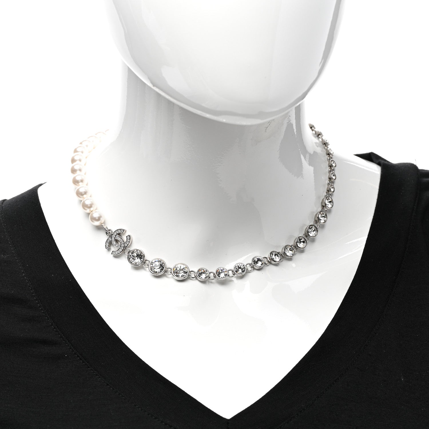 Chanel Pearl Crystal CC Choker Necklace Silver 2 of 6