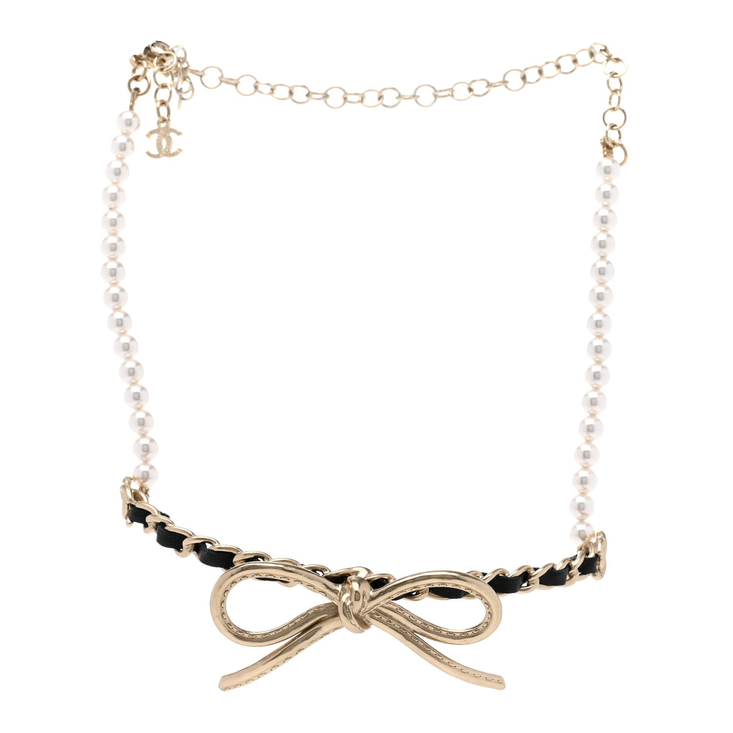 Chanel Calfskin Pearl Metal CC Bow Choker Necklace Gold White Black 3 of 6