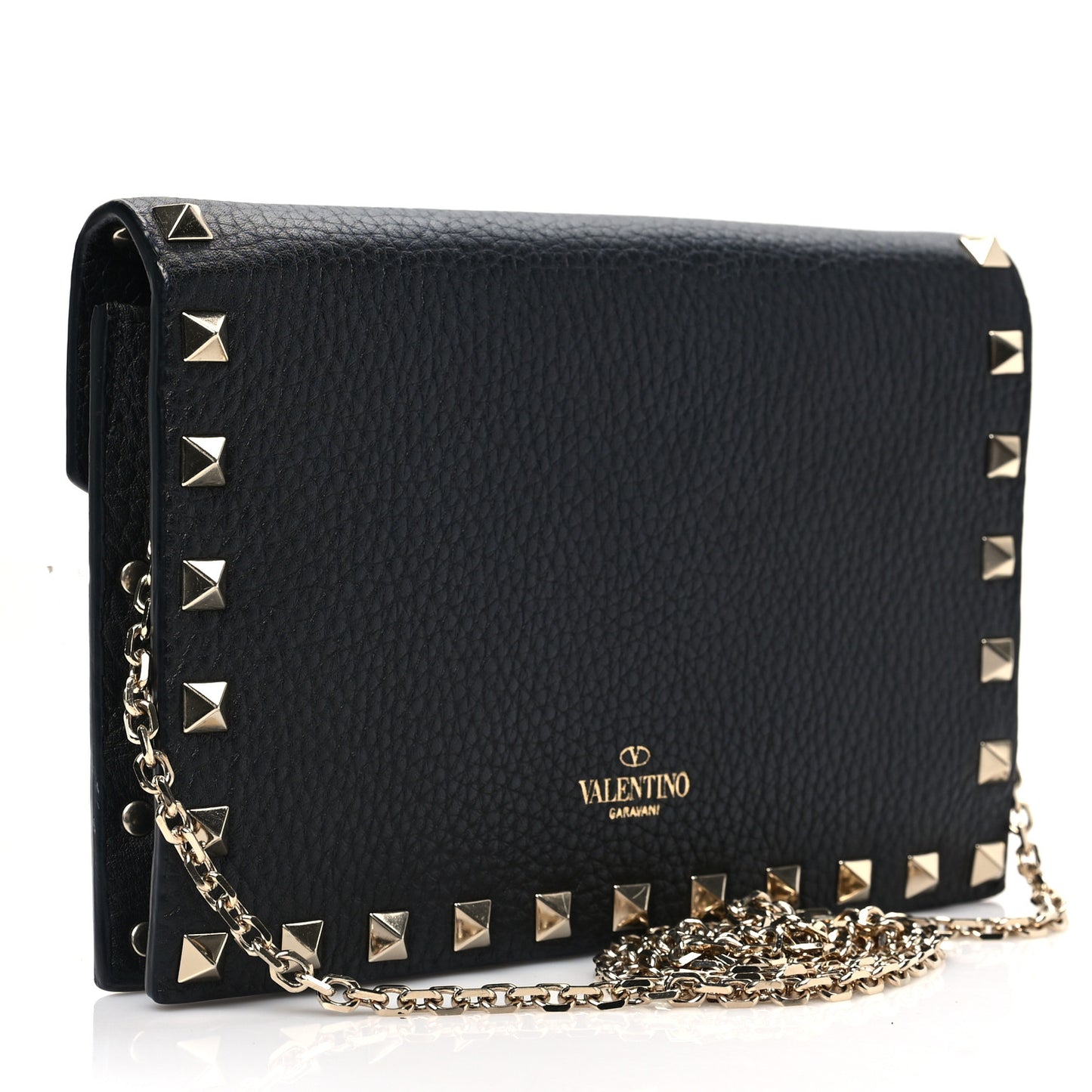 Pebbled Calfskin Rockstud Envelope Wallet on Chain Black