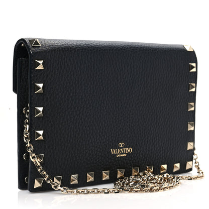 Valentino Garavani Pebbled Calfskin Rockstud Envelope Wallet on Chain Black 2 of 6