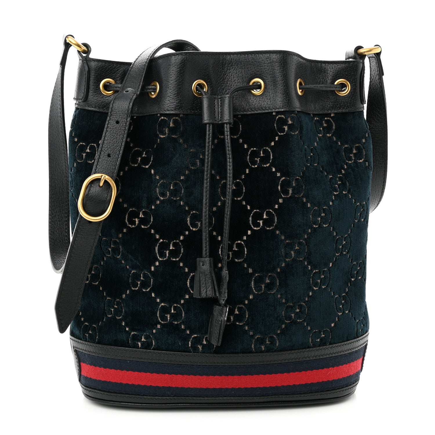Gucci Velvet GG Monogram Web Bucket Bag Blue Beige 1 of 13