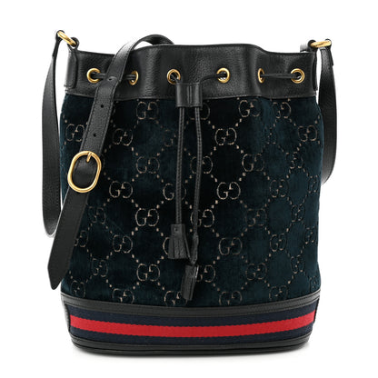 Gucci Velvet GG Monogram Web Bucket Bag Blue Beige 1 of 13