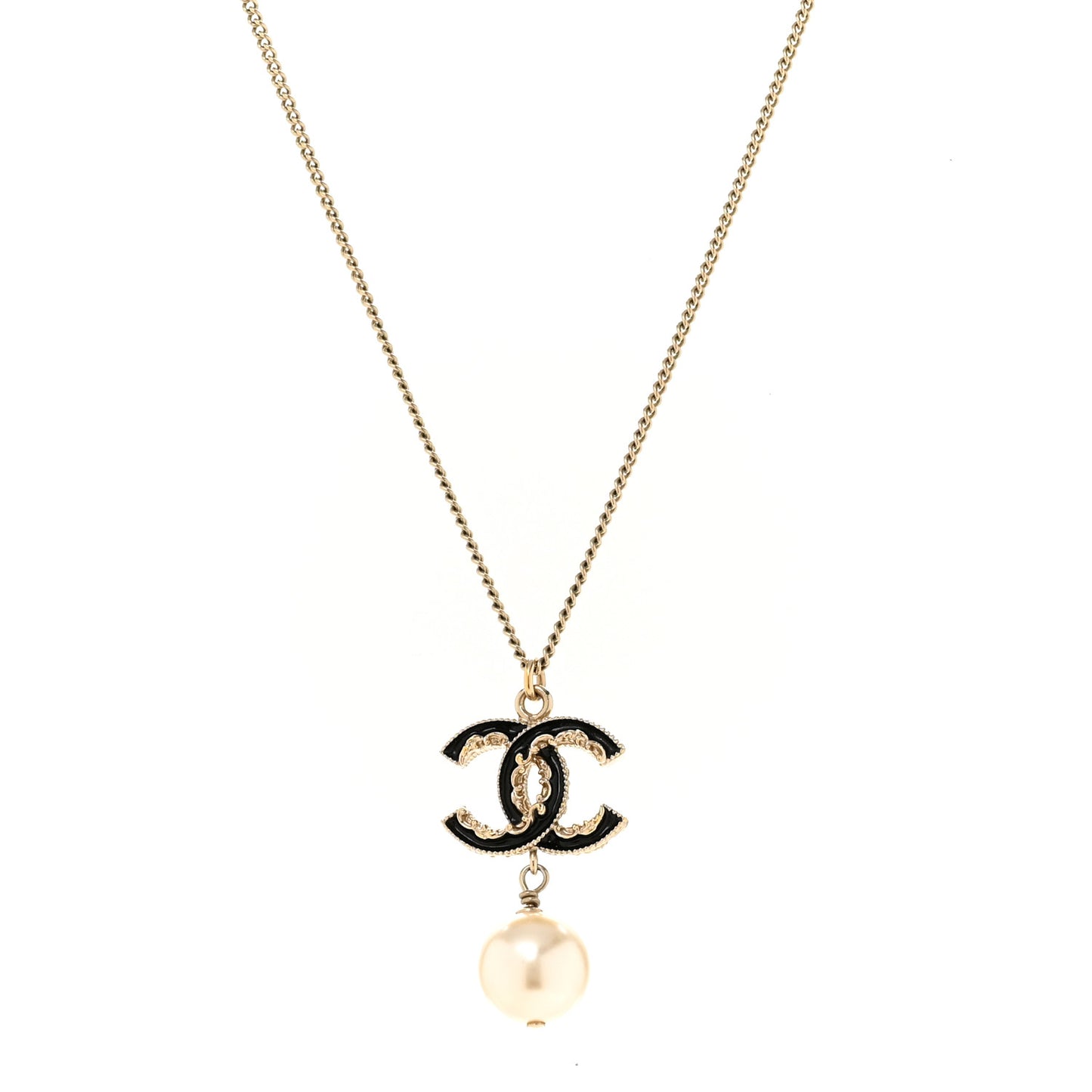 Enamel Pearl CC Baroque Drop Necklace Black Gold