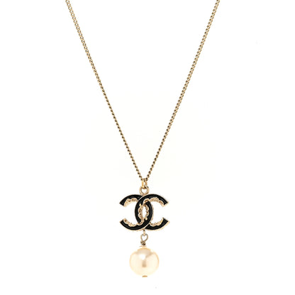 Chanel Enamel Pearl CC Baroque Drop Necklace Black Gold 1 of 5