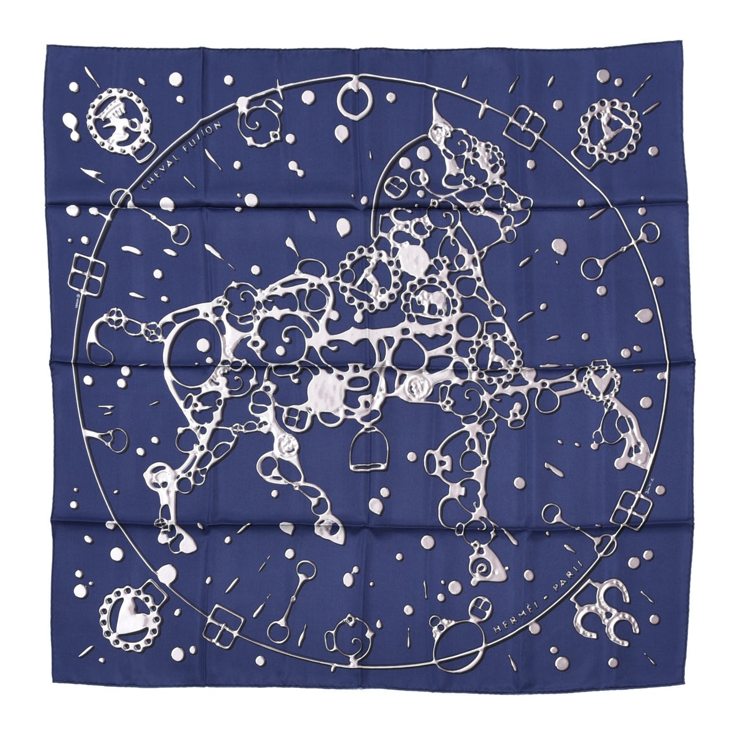Silk Cheval Fusion Scarf 90 Marine Gris Argent