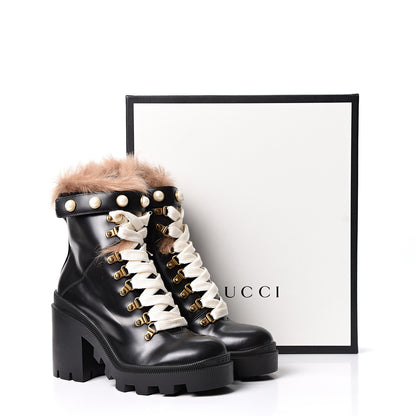 Gucci Magnum Calfskin Fur Pearl Lace Up Combat Ankle Boots 38.5 Black Naturale 11 of 11
