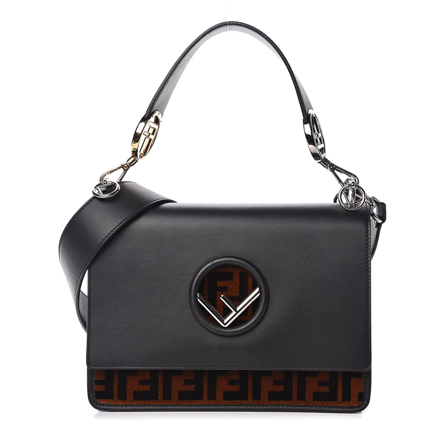 Vitello Century Velvet F is Fendi FF Kan I Shoulder Bag Black Tobacco
