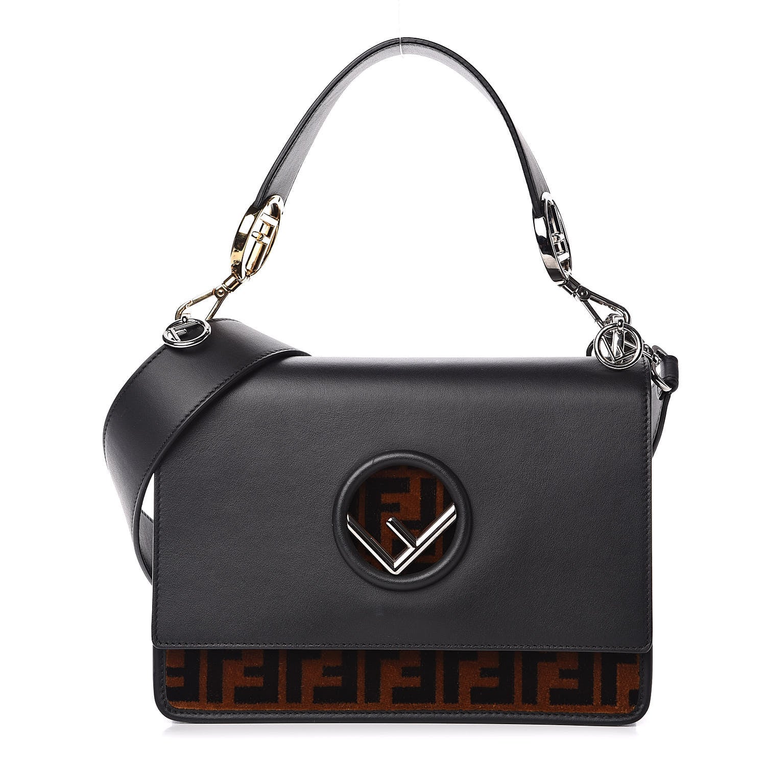 Fendi Vitello Century Velvet F is Fendi FF Kan I Shoulder Bag Black Tobacco 1 of 14
