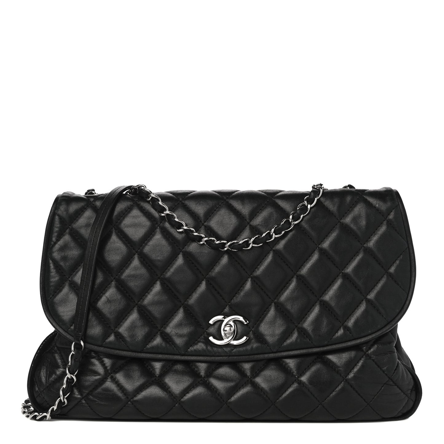 Lambskin Quilted Large Pagode Piping Flap Black