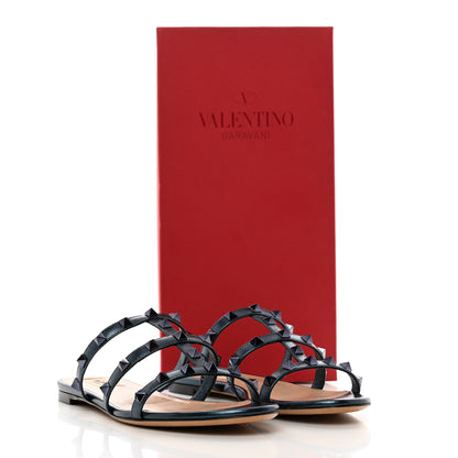 Valentino Garavani Metallic Calfskin Rockstud Caged Flat Slide Sandals 38 Marine 8 of 8