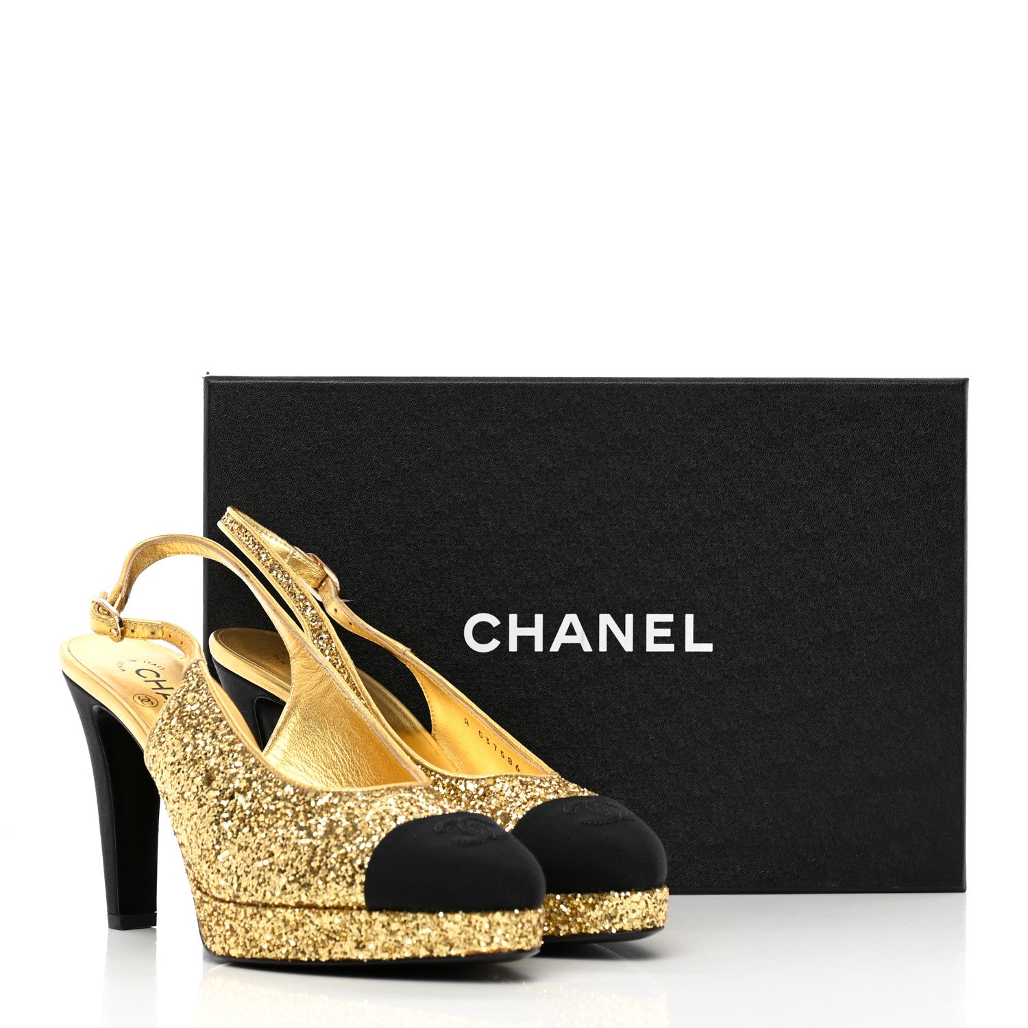 Chanel Glitter Grosgrain Cap Toe CC Slingback Pumps 39.5 Gold Black 17 of 17