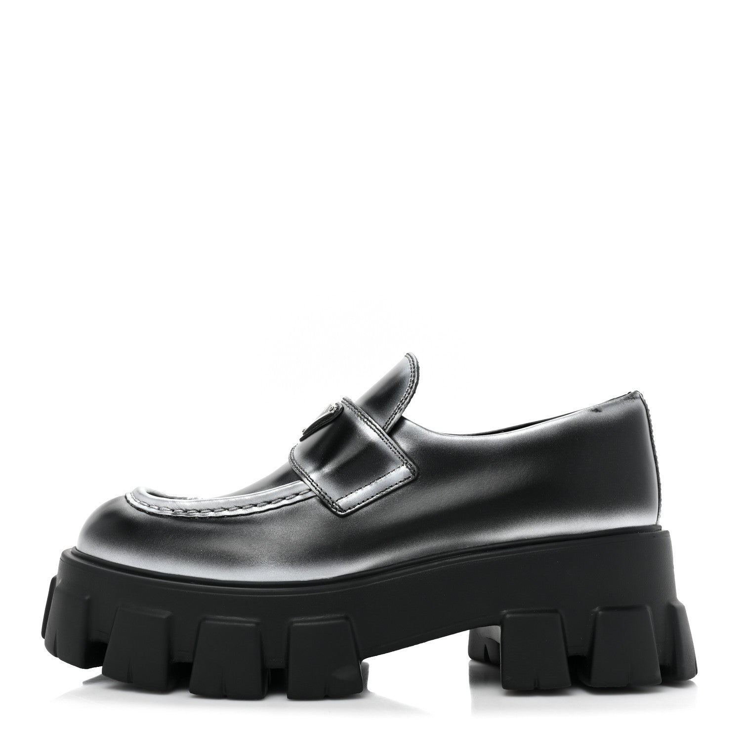 Prada Spazzolato Rois Triangle Monolith 55mm Loafers 39.5 Black Argento 1 of 12