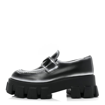 Prada Spazzolato Rois Triangle Monolith 55mm Loafers 39.5 Black Argento 1 of 12