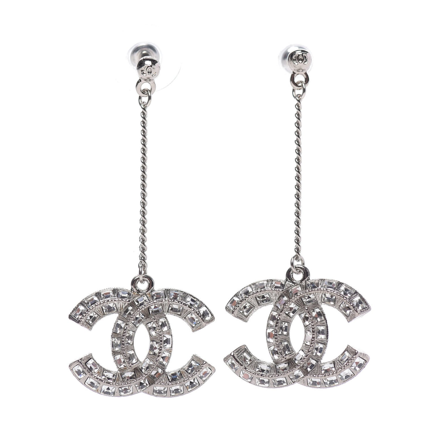 Baguette Crystal CC Drop Earrings Silver