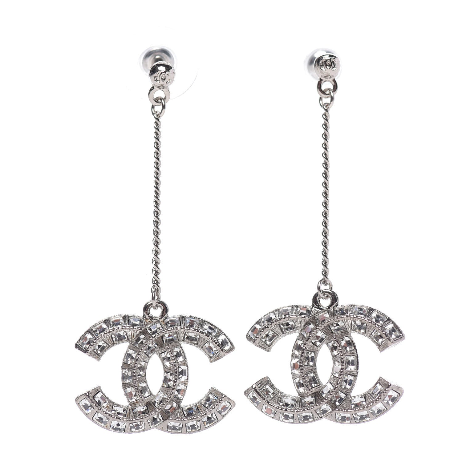 Chanel Baguette Crystal CC Drop Earrings Silver 1 of 5