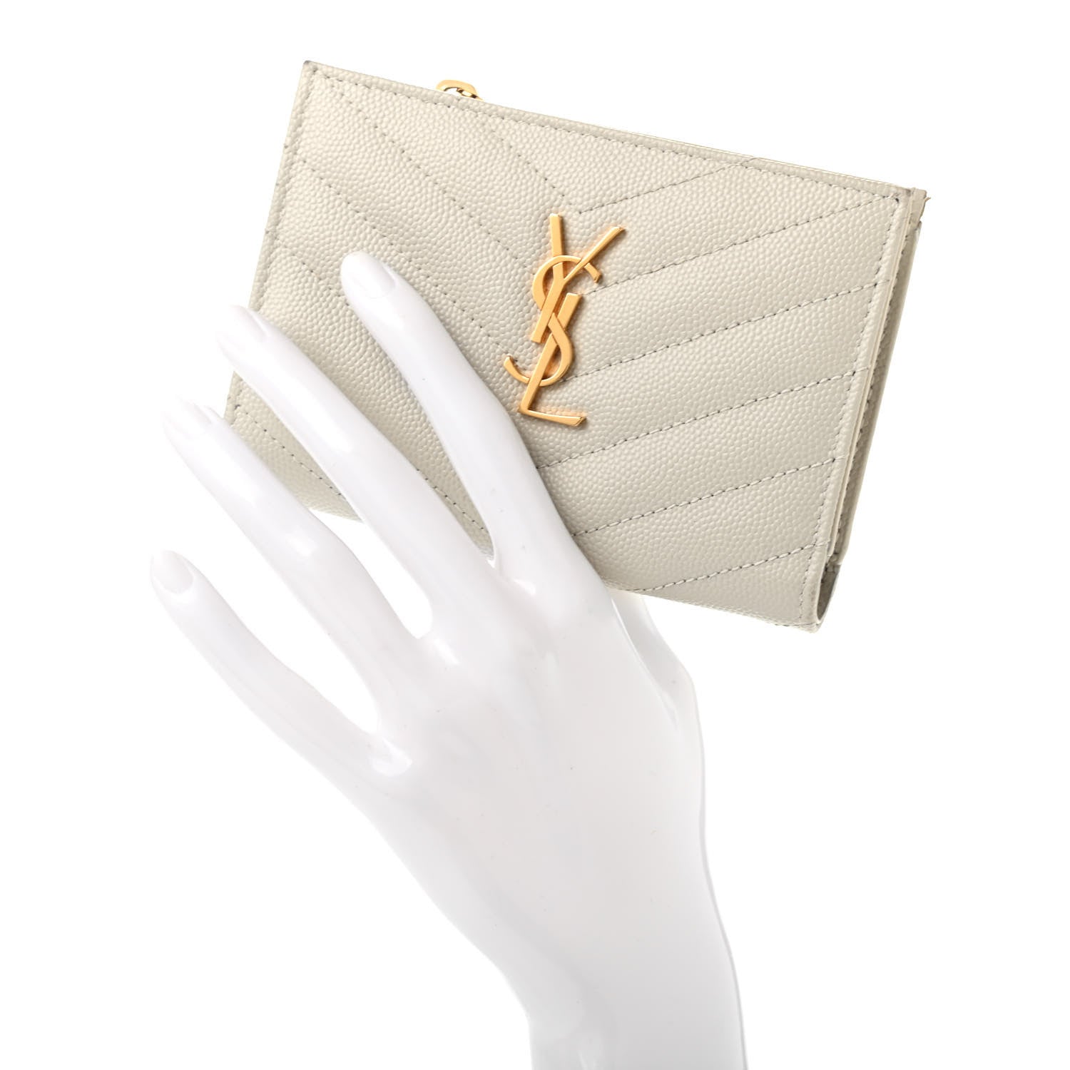 Saint Laurent Grain De Poudre Matelasse Chevron Monogram Zipped Two-Part Wallet Crema Soft 2 of 7