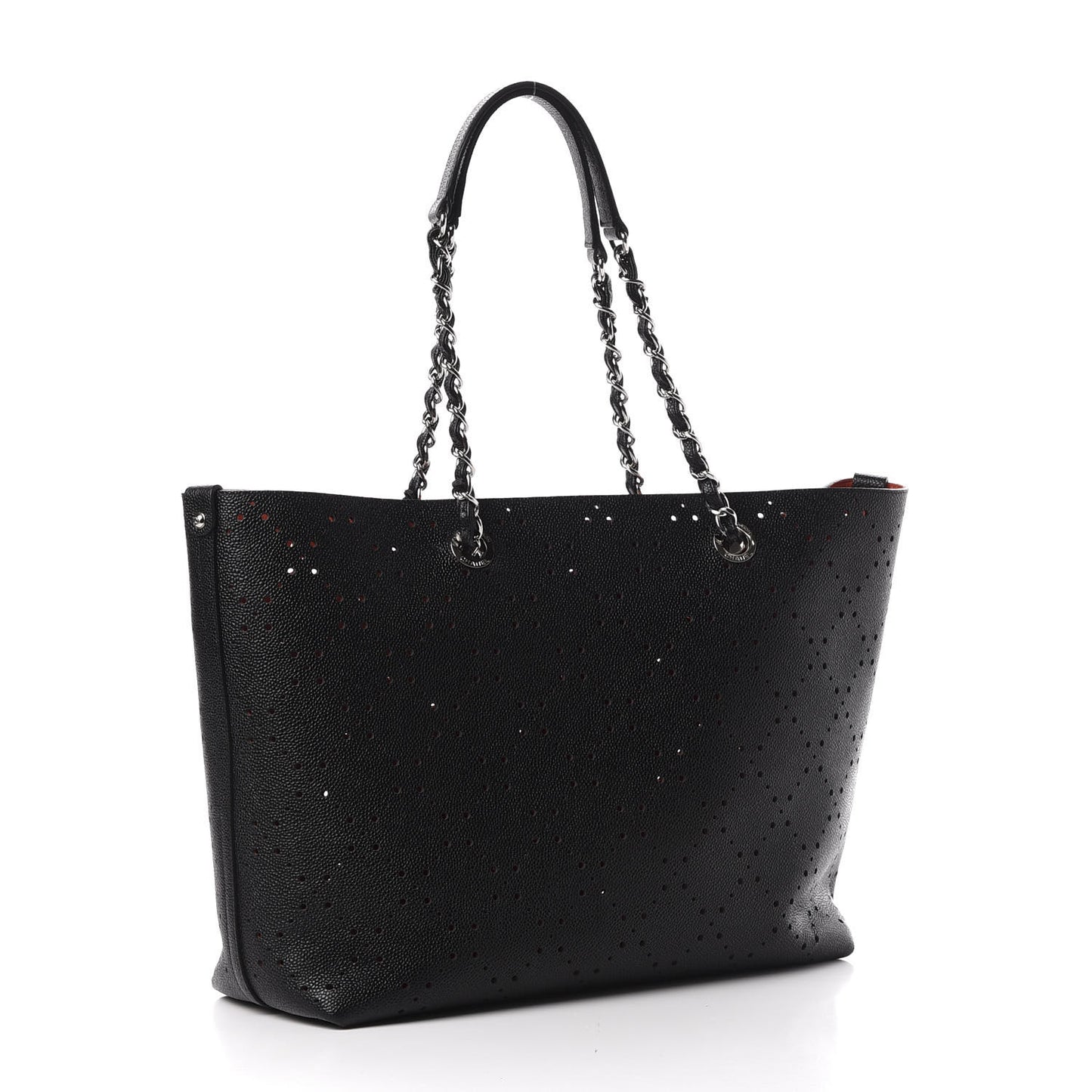 Perforated Grained Calfskin Large Shopping Tote Black