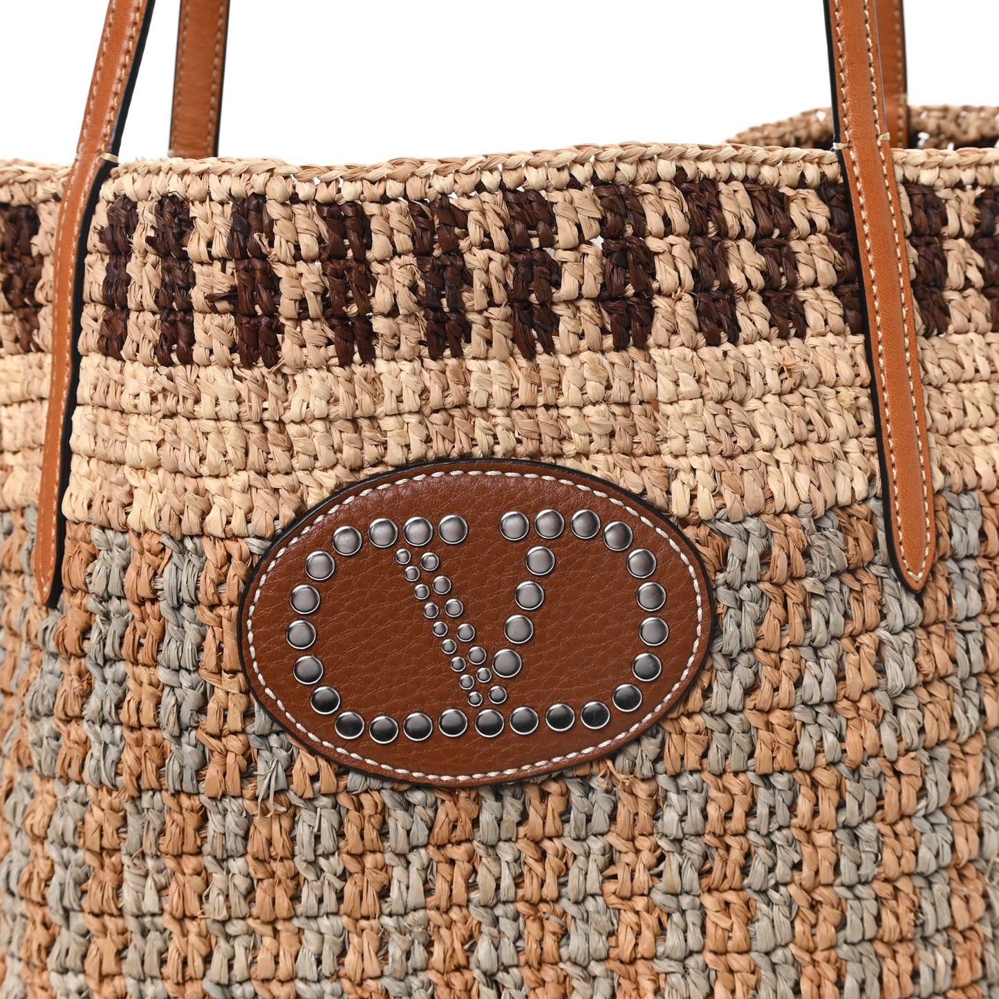 Raffia Nappa Medium Vlogo Signature Crochet Bucket Bag Beige Multicolor