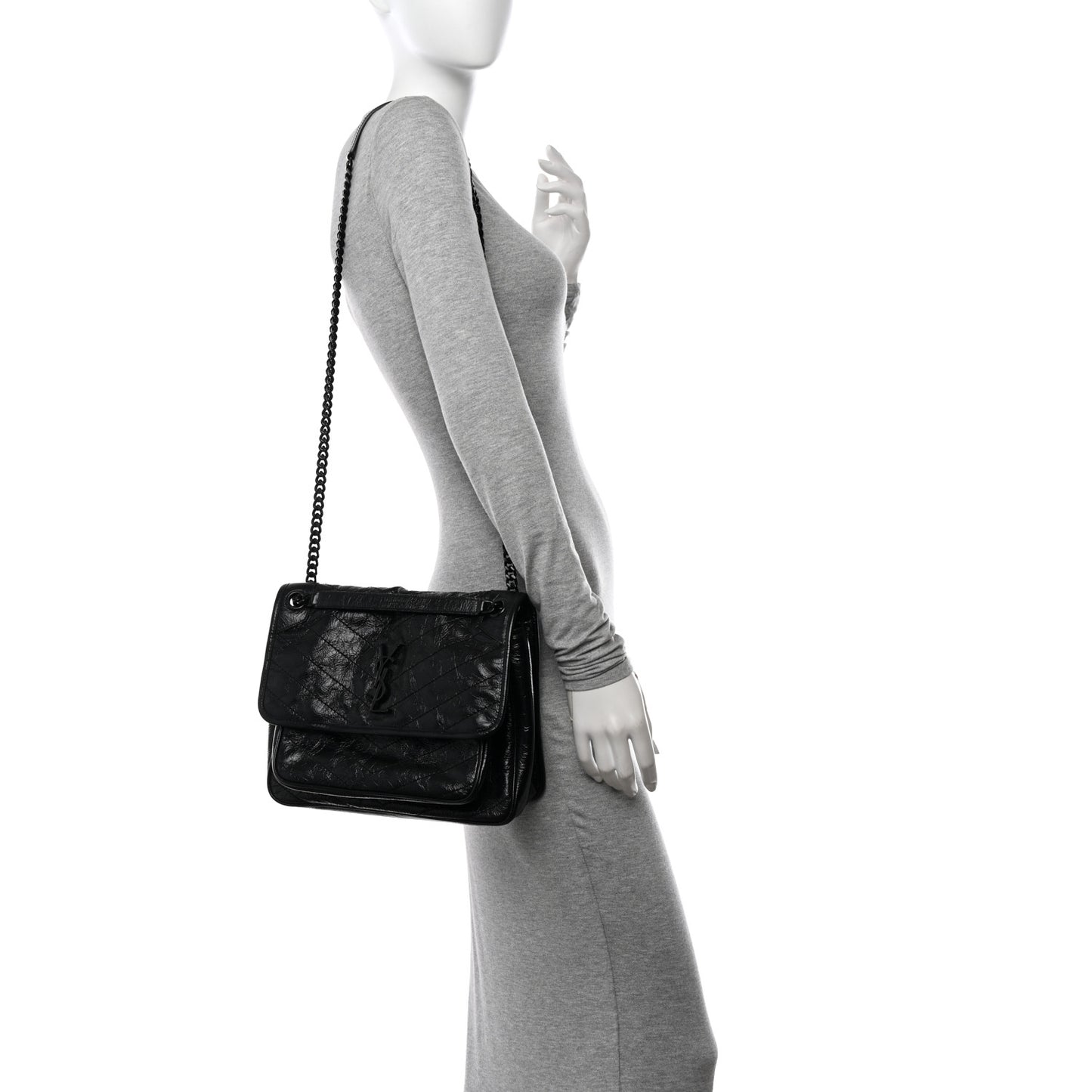 Crinkled Calfskin Matelasse Monogram Medium Niki Chain Satchel Black
