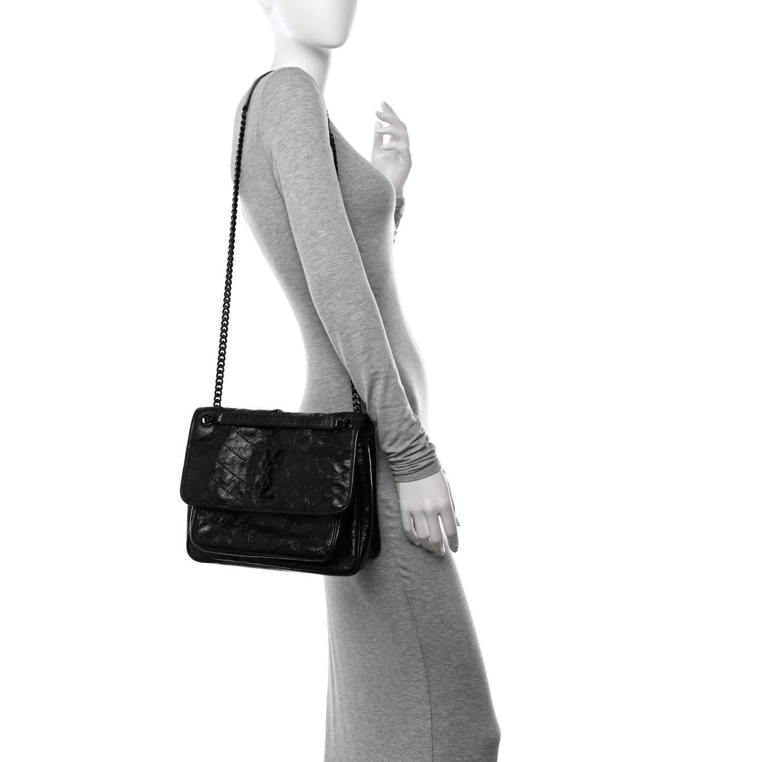 Saint Laurent Crinkled Calfskin Matelasse Monogram Medium Niki Chain Satchel Black 2 of 10
