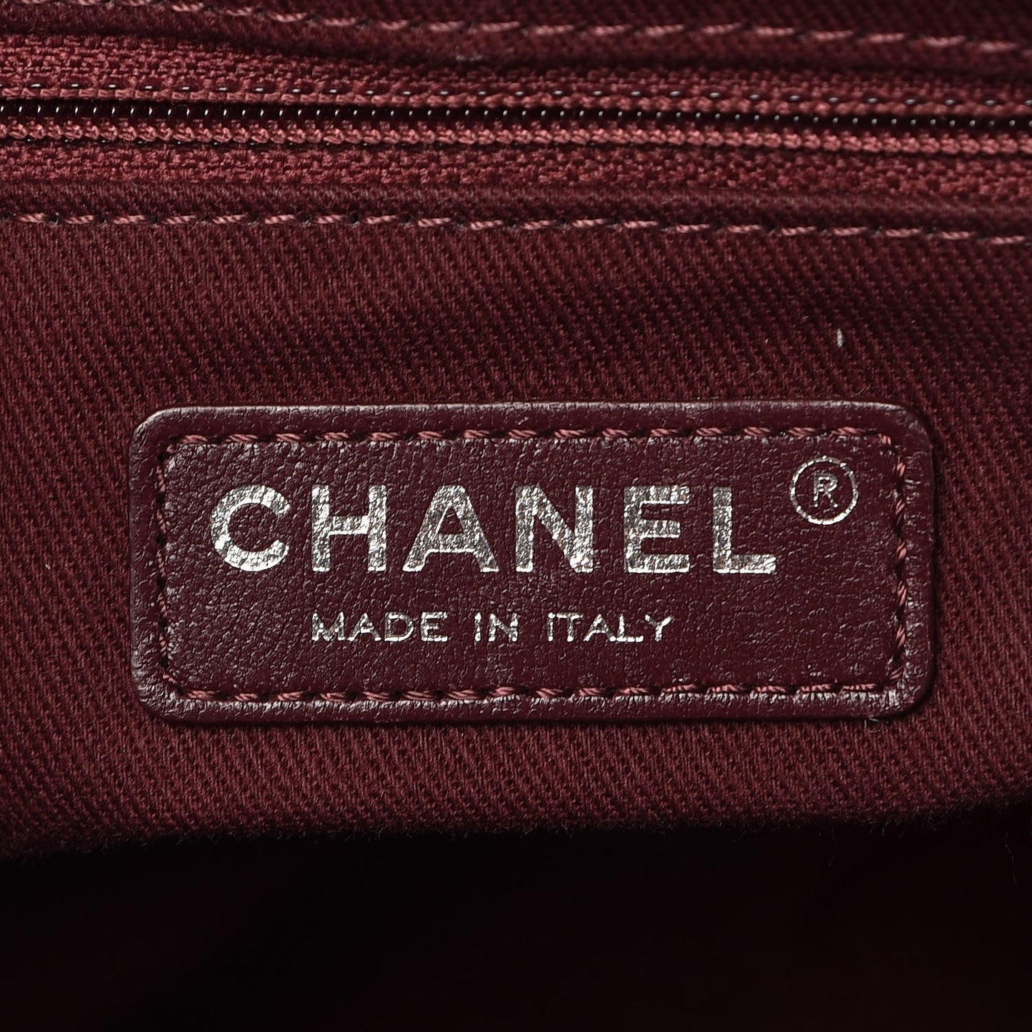 Glazed Calfskin Quilted Large Nameplate Shopping Tote Burgundy