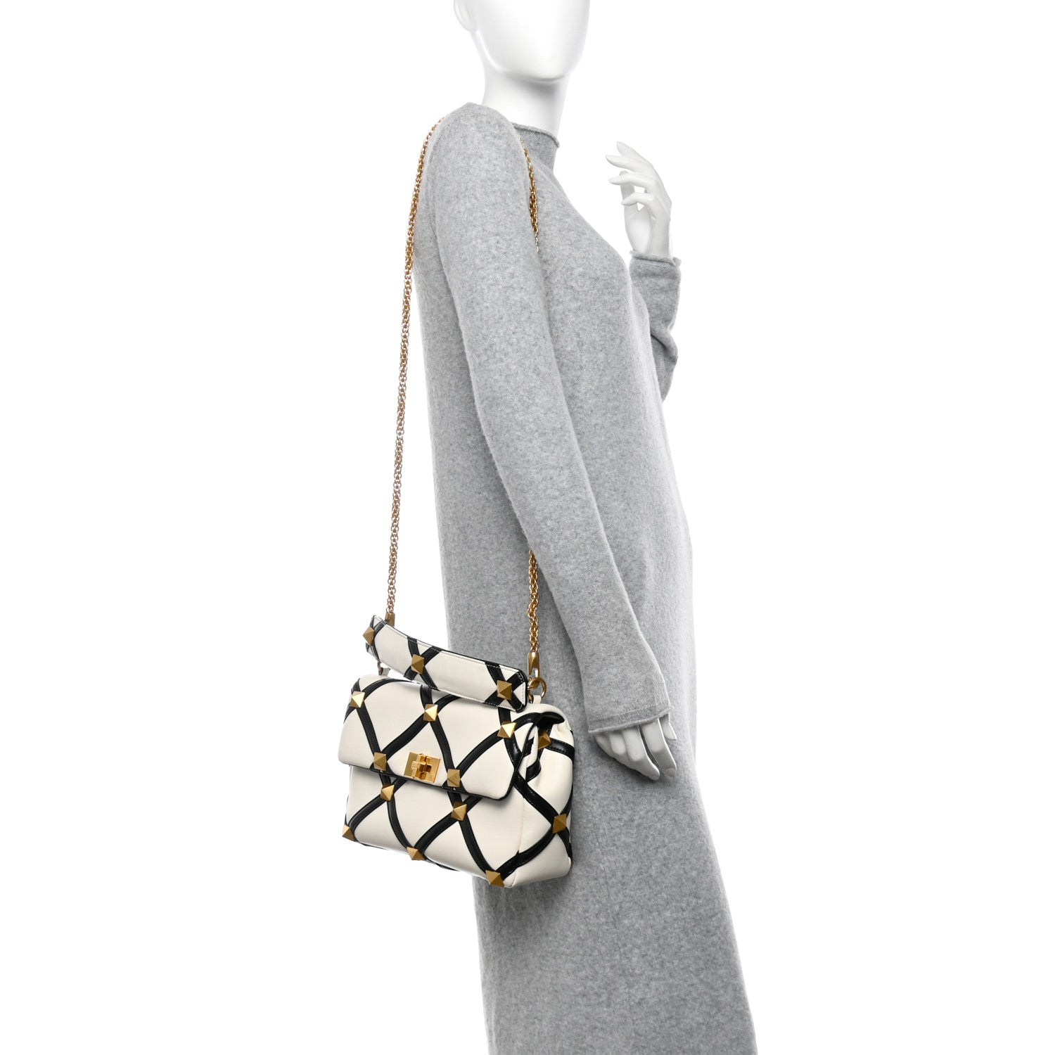 Valentino Garavani Nappa Large Roman Stud Shoulder Bag Ivory Black 2 of 11