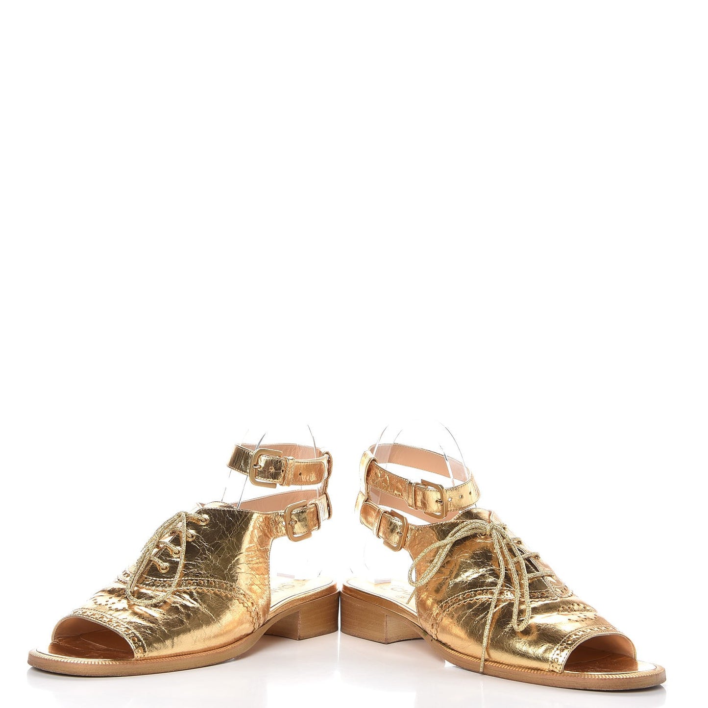 Metallic Calfskin CC Brogue Lace Up Ankle Strap Oxford Peep Toe Sandals 38 Gold