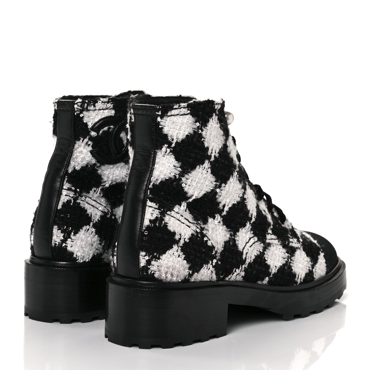 Tweed Grosgrain Pearl Combat Short Boots 38.5 White Black