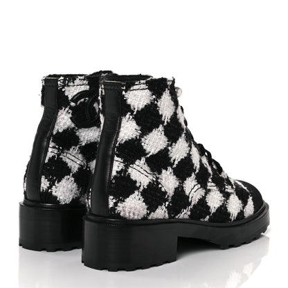 Chanel Tweed Grosgrain Pearl Combat Short Boots 38.5 White Black 4 of 7