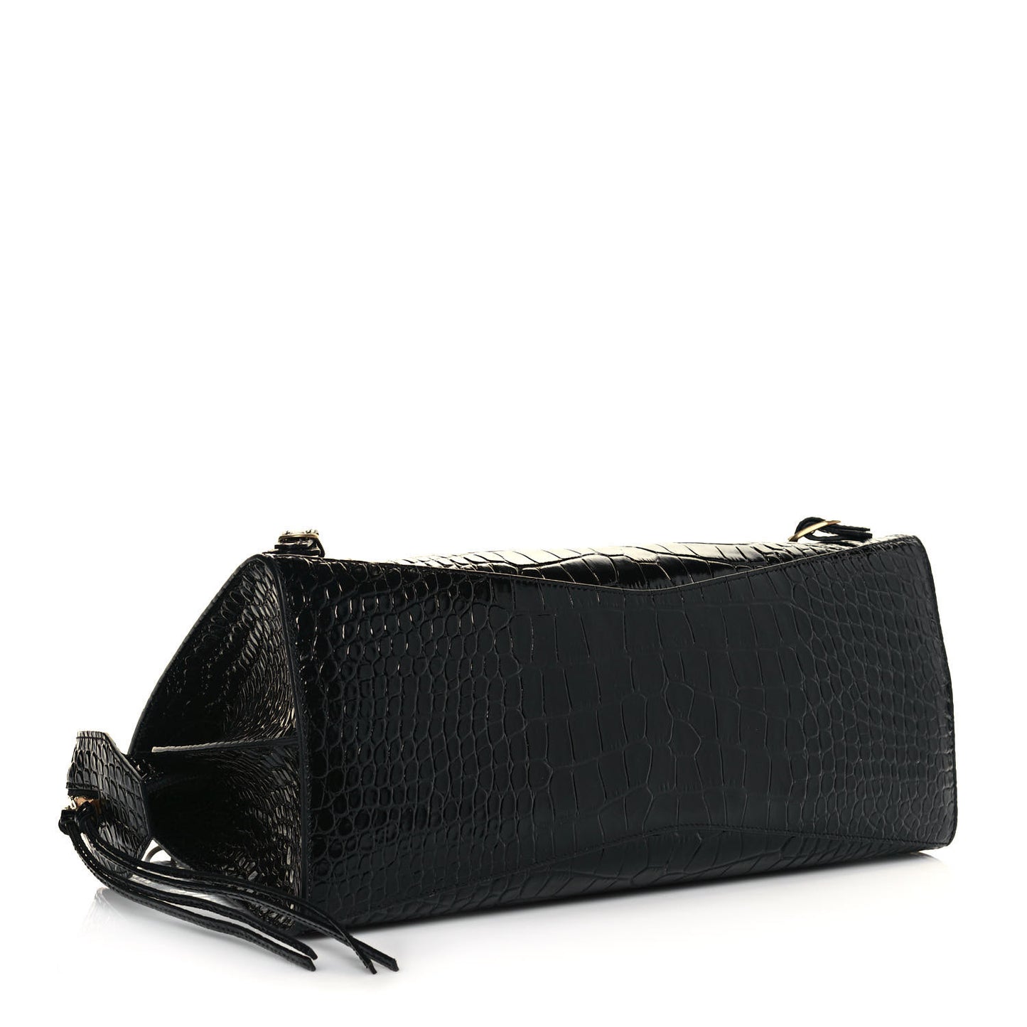 Shiny Supple Calfskin Crocodile Embossed Brass Hardware Neo Classic City Black