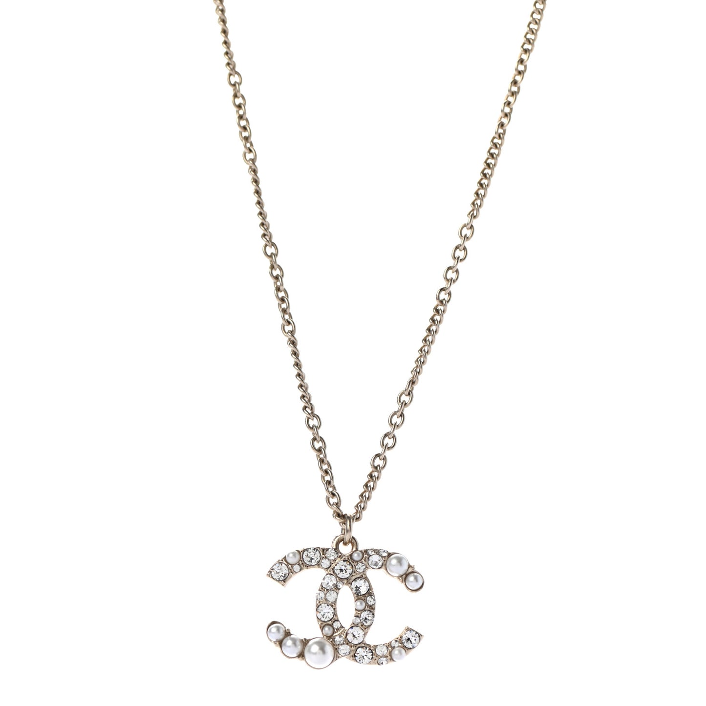 Pearl Crystal CC Pendant Necklace Gold