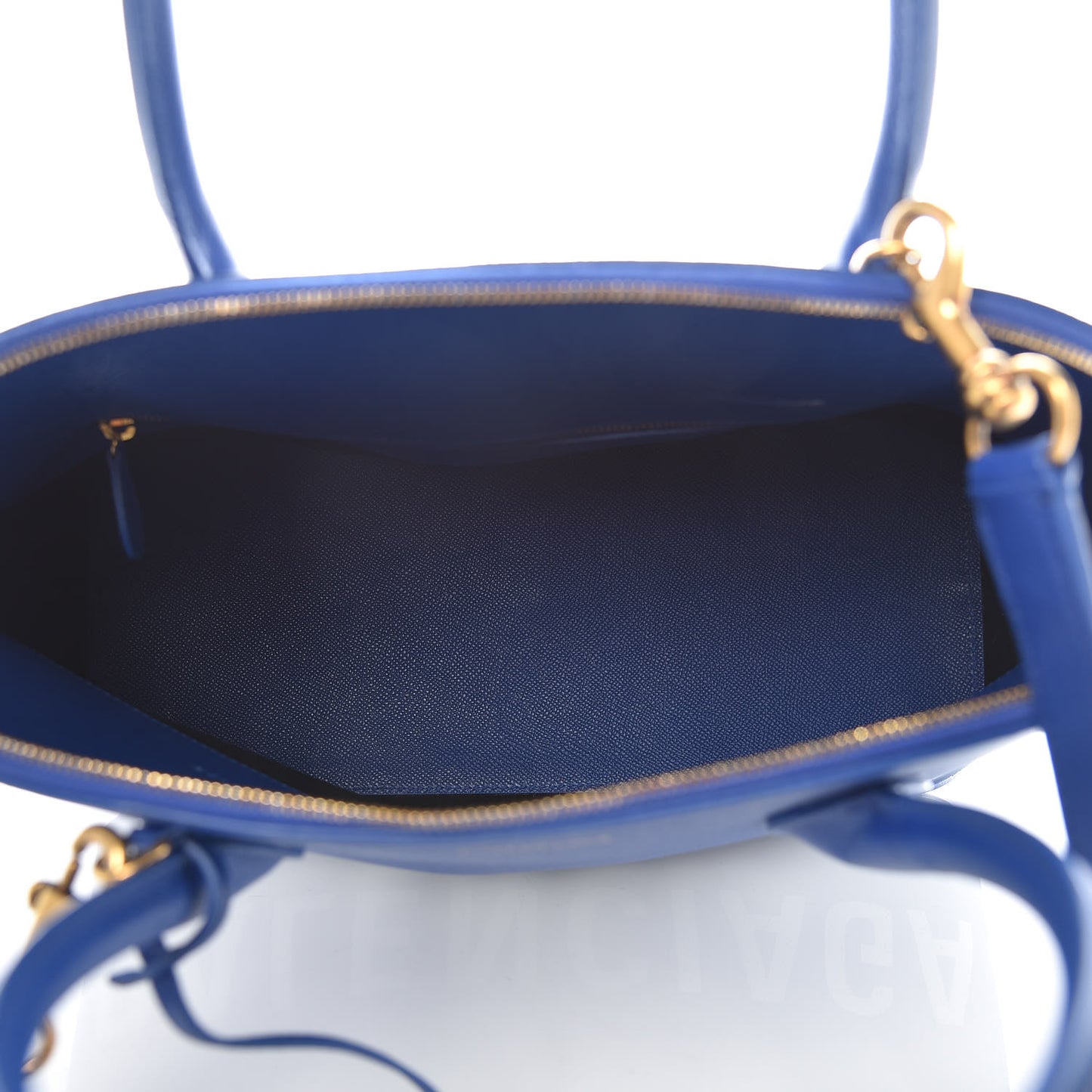 Signature Grained Calfskin Logo M Ville Top Handle Bag Bleu Roi White