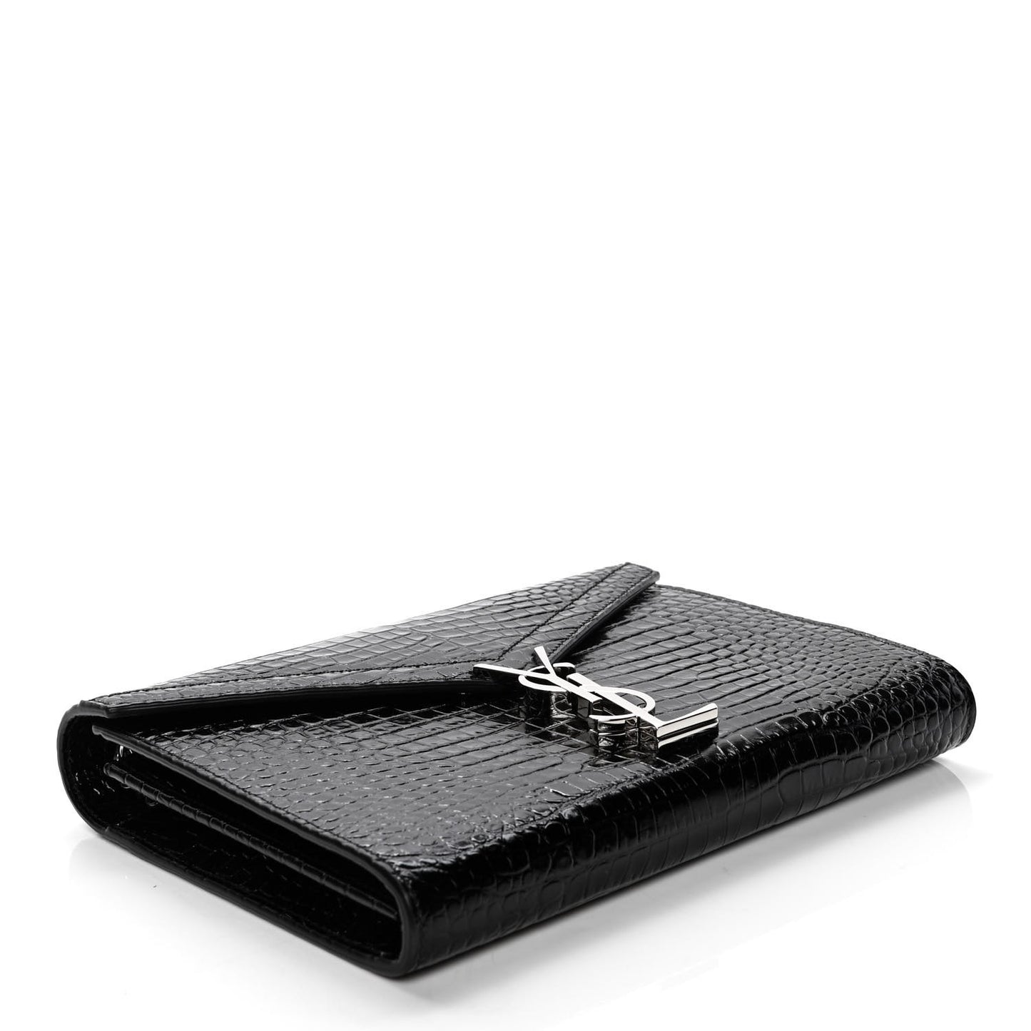Calfskin Crocodile Embossed Monogram Cassandra Chain Wallet Black Rouge Legion