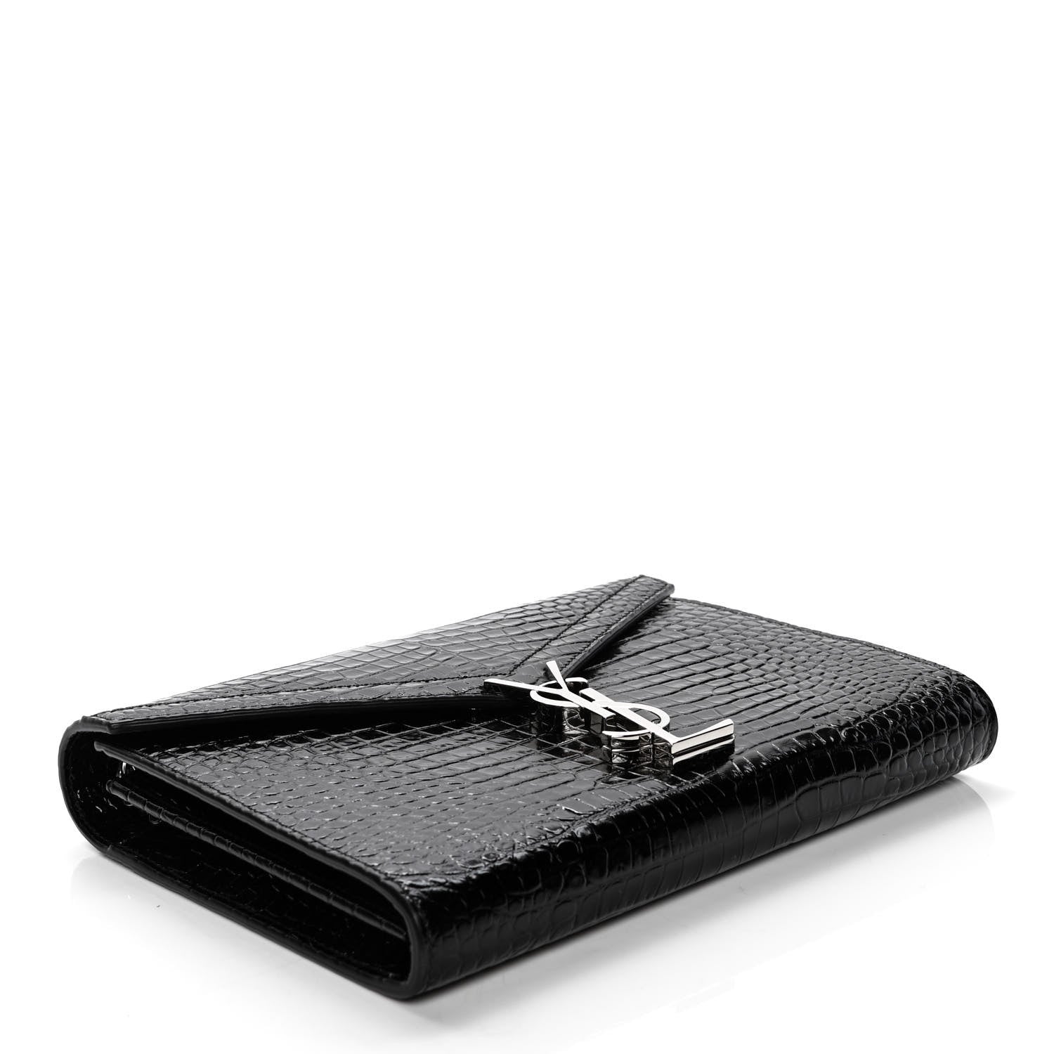 Saint Laurent Calfskin Crocodile Embossed Monogram Cassandra Chain Wallet Black Rouge Legion 3 of 4