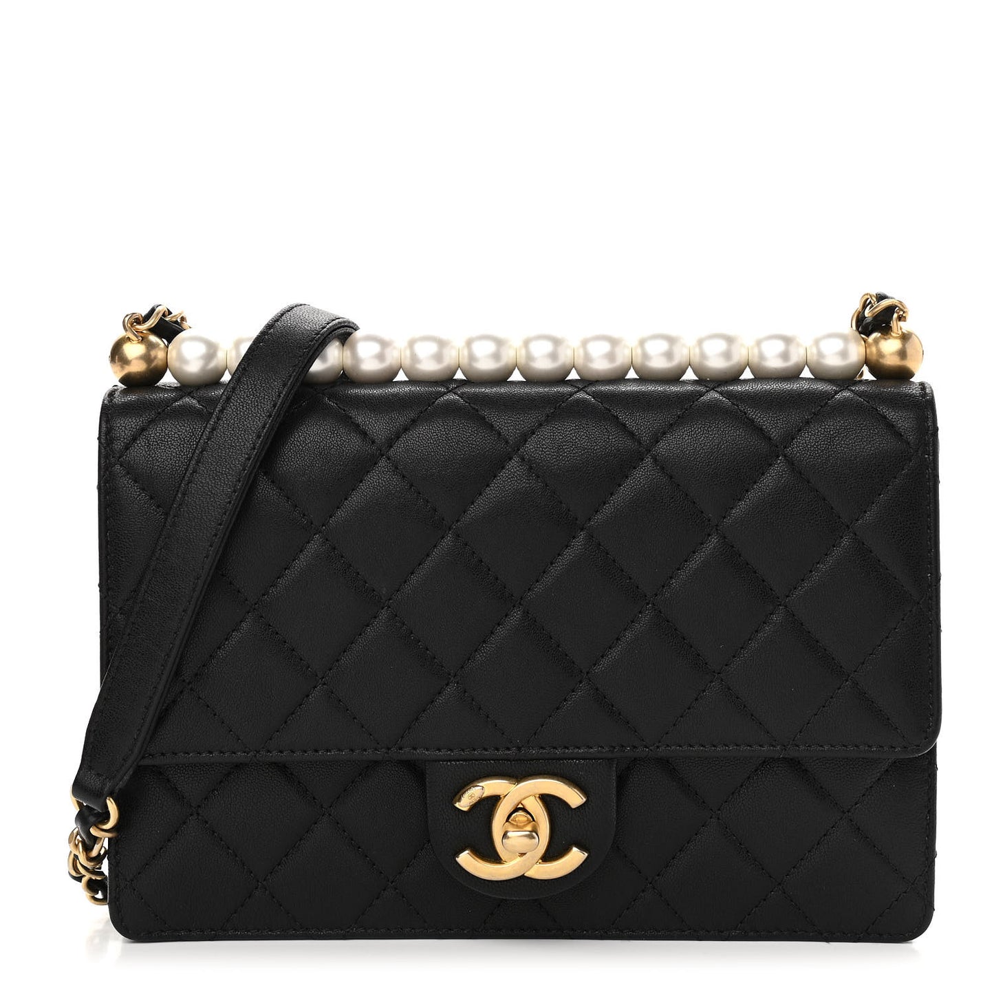 Goatskin Quilted Small Chic Pearls Flap Black