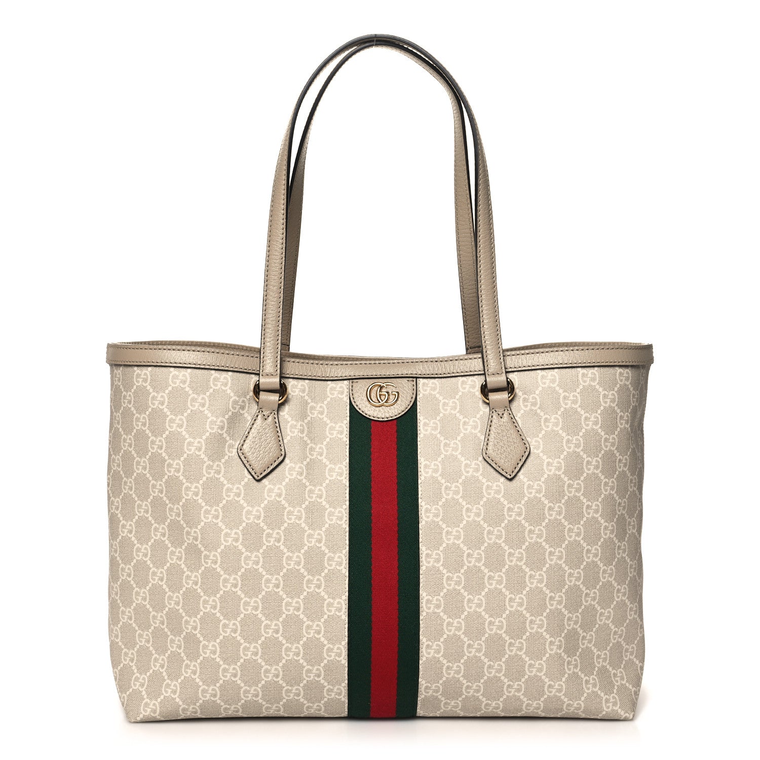 Gucci GG Supreme Monogram Textured Dollar Calfskin Web Large Ophidia Shopping Tote Beige Mystic White Oatmeal 1 of 10
