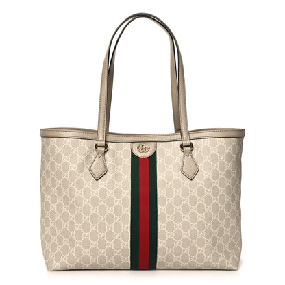 Gucci GG Supreme Monogram Textured Dollar Calfskin Web Large Ophidia Shopping Tote Beige Mystic White Oatmeal 1 of 10