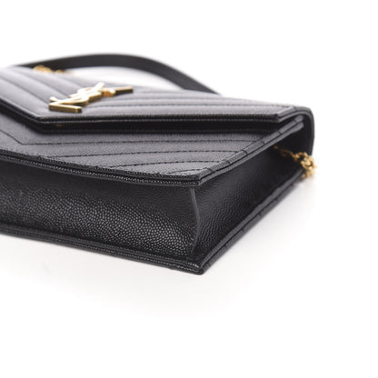 Saint Laurent Grain De Poudre Matelasse Chevron Monogram Envelope Chain Wallet Black 17 of 18