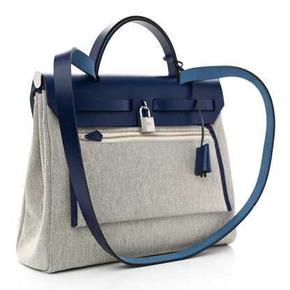 Hermes Vache Hunter Toile H Brides de Gala Herbag Zip Retourne 31 PM Bleu De France Ecru Black 4 of 12