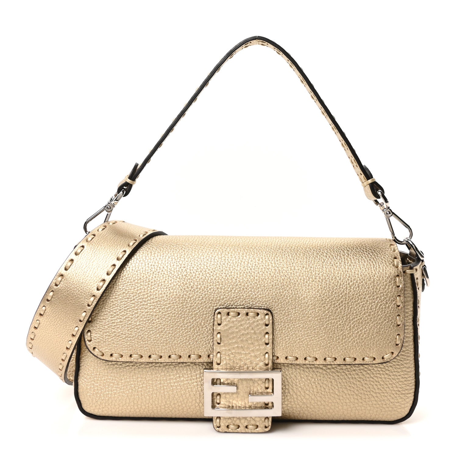 Fendi Cuoio Roma Sellerissima Nappa Sintetica Tape Stitch Baguette Platino 1 of 9