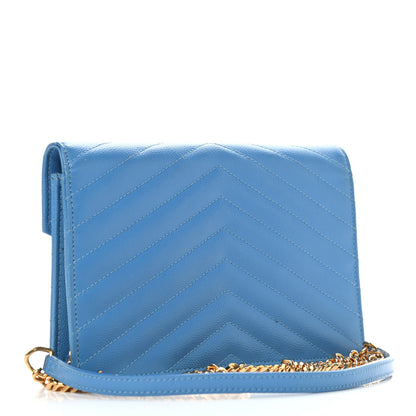 Saint Laurent Grain De Poudre Matelasse Chevron Monogram Envelope Chain Wallet Blue Clair 2 of 4