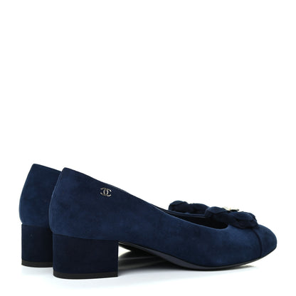 Chanel Kid Suede Pearl Camellia Cap Toe Pumps 38 Navy 4 of 12
