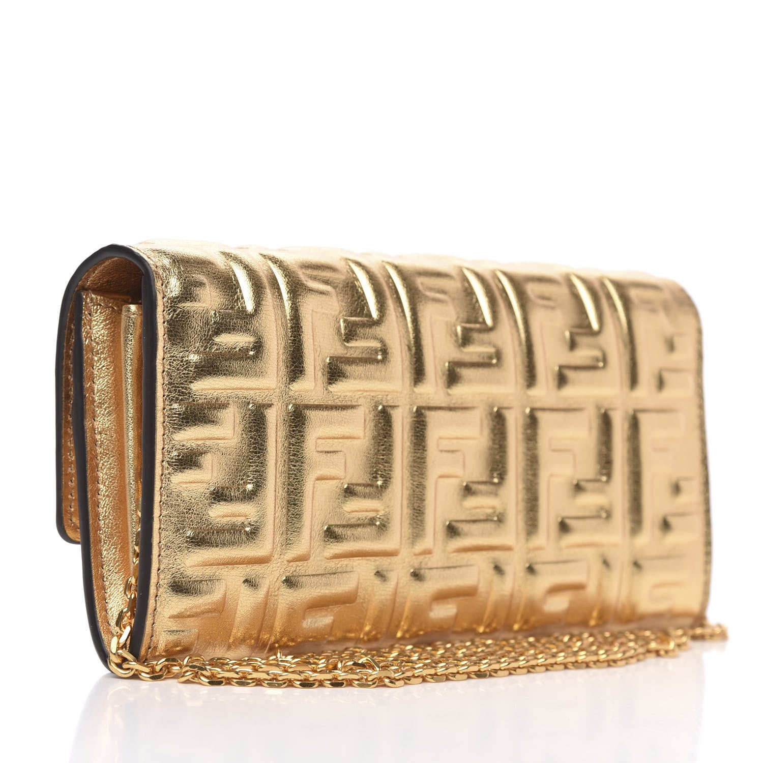 Fendi Vitello Catalan Mirror FF 1974 Embossed Continental Wallet on Chain Gold 3 of 9