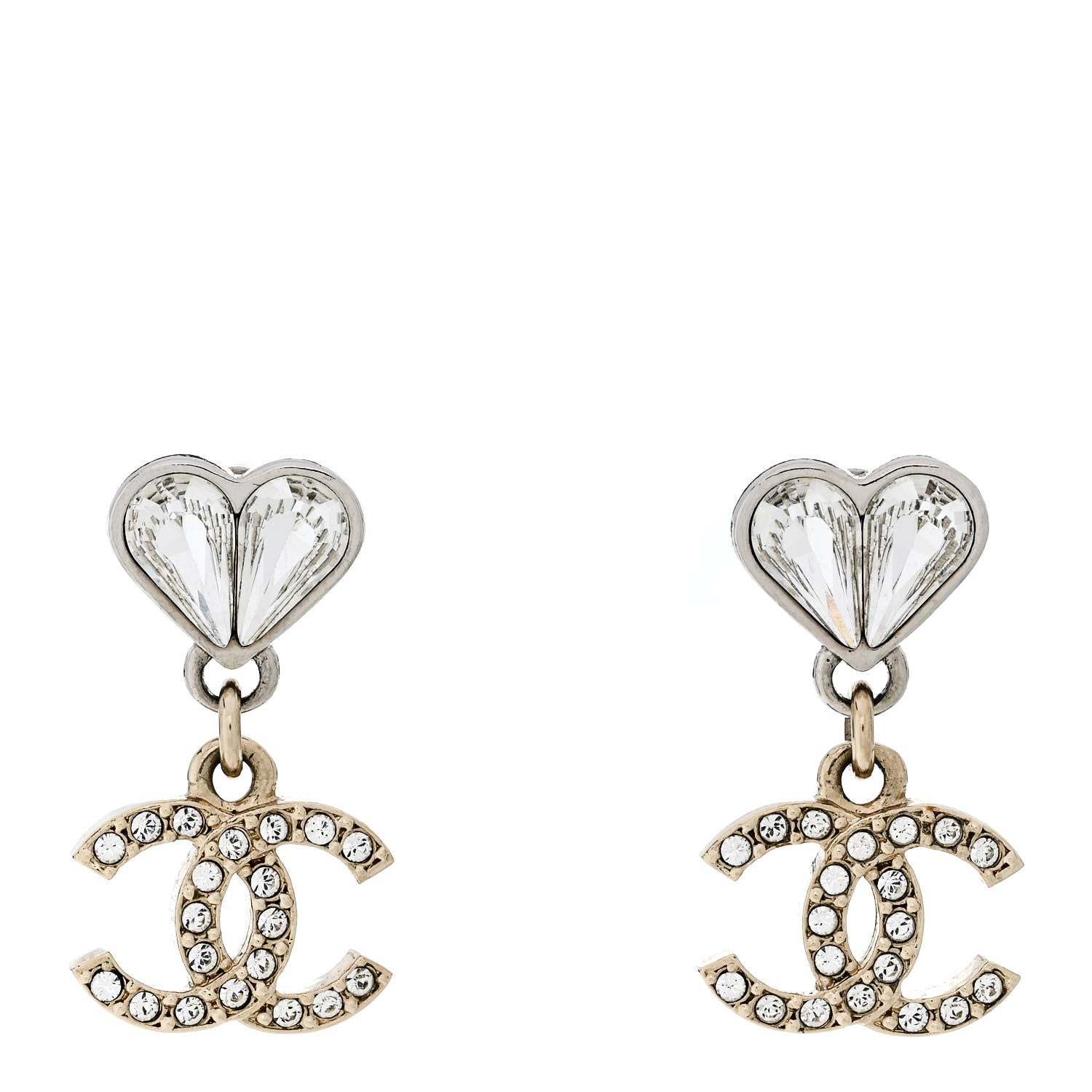 Chanel Crystal CC Heart Drop Earrings Gold Silver 1 of 4
