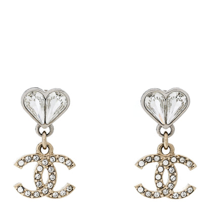 Chanel Crystal CC Heart Drop Earrings Gold Silver 1 of 4